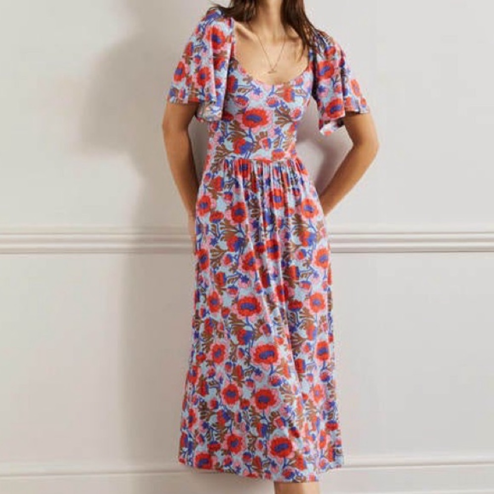 Boden Smock Detail Jersey Maxi Dress Dusty Blue Terrace Bud 10 Long
